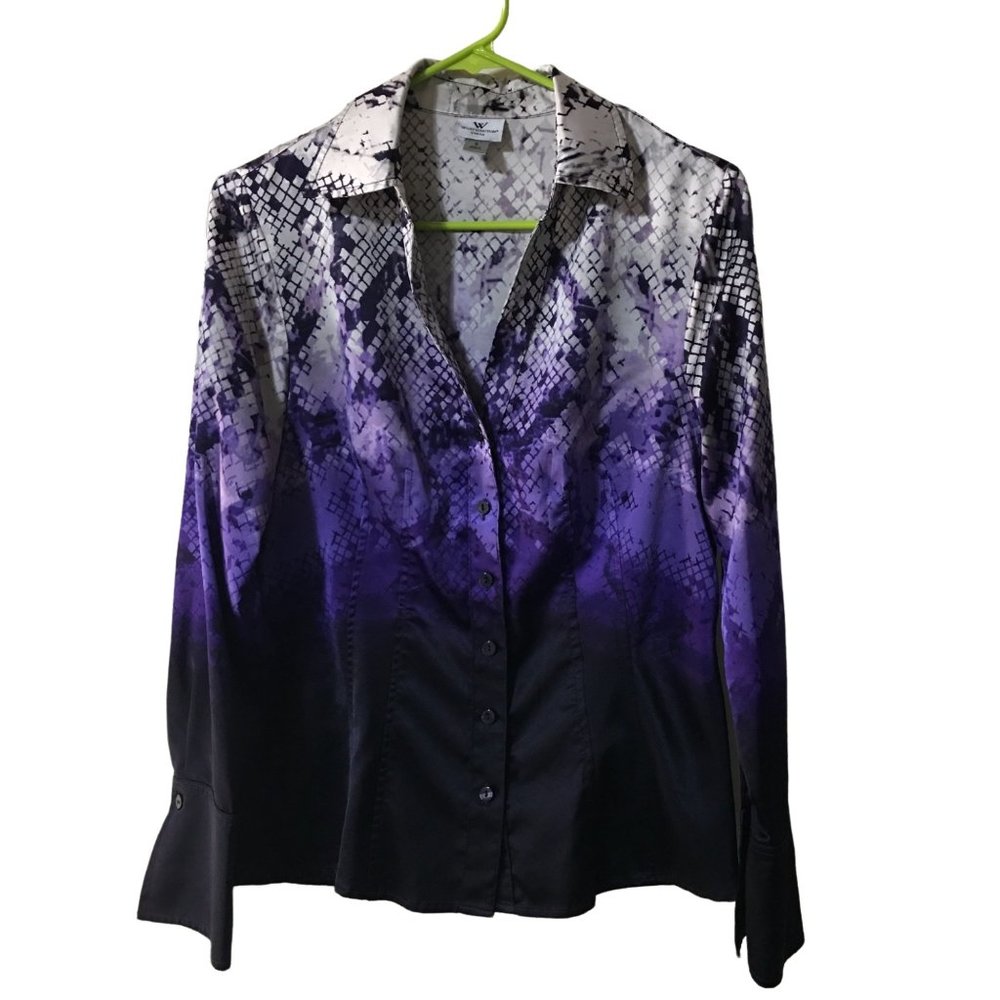 WORTHINGTON STRETCH Y NECK LONG SLEEVE BLOUSE PURPLE/ WHITE WOMENS SMALL